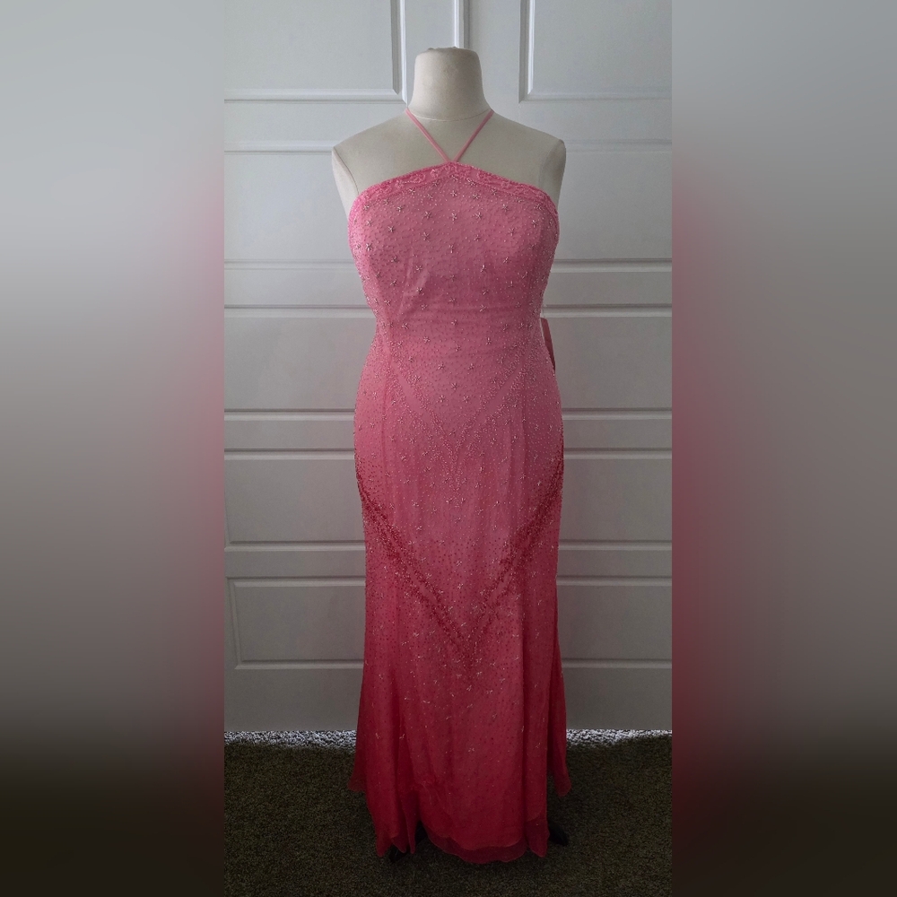 Pink Ombre Beaded A-line Halter Evening Gown - Picture 6 of 10